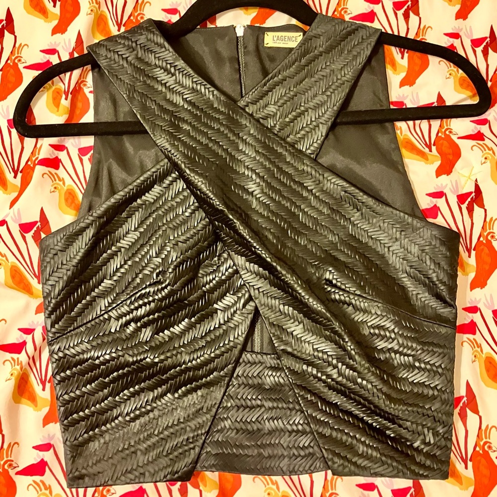 L’Agence black cross-neck keyhole crop top